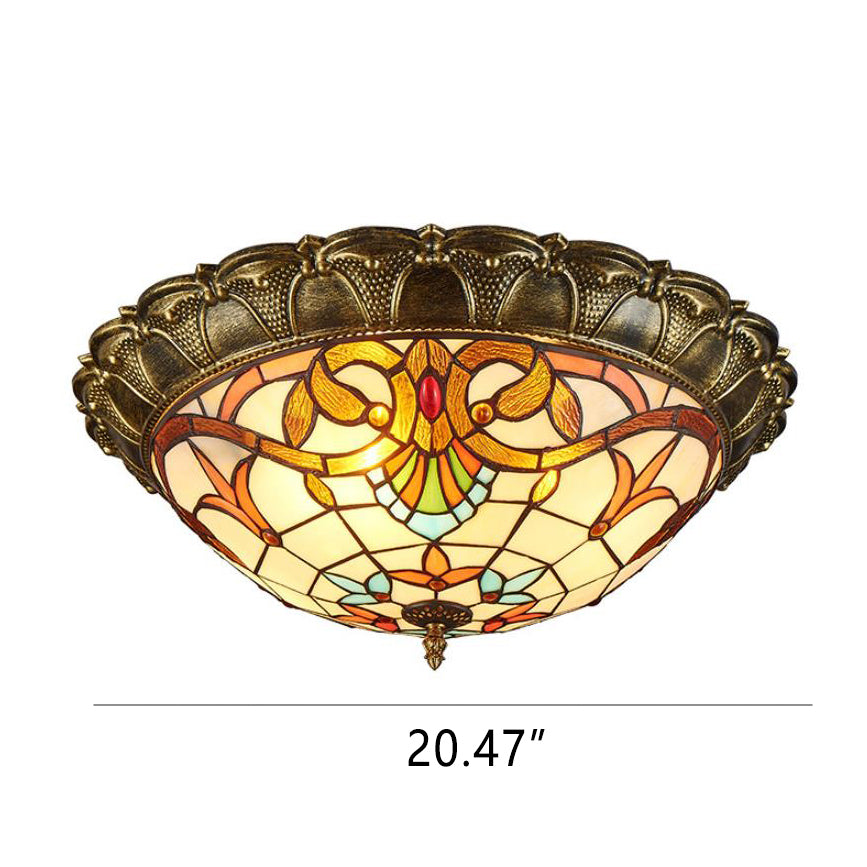 Vintage Tiffany Round Stained Glass LED Flush Mount Light