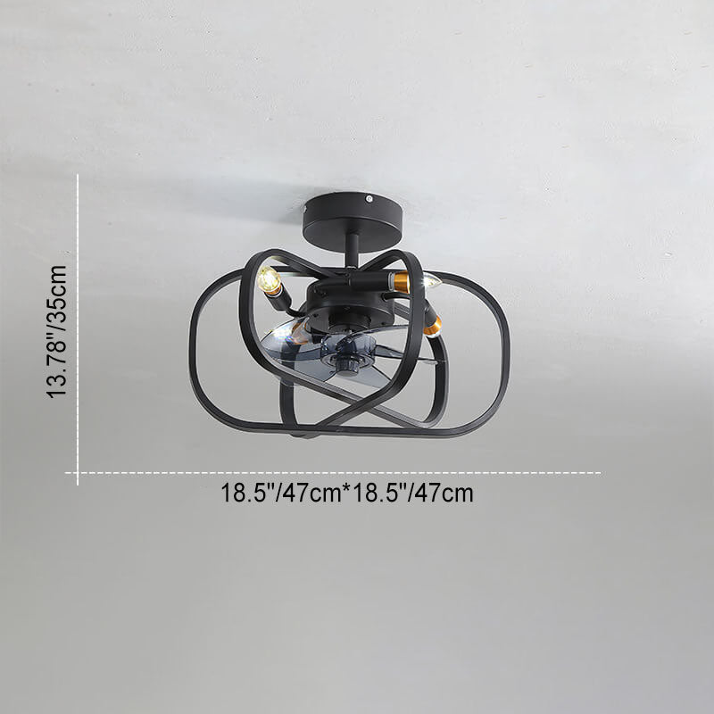 Industrial Minimalist Copper Iron Semi-Flush Mount Ceiling Fan Light - 4-Light Round Square Design