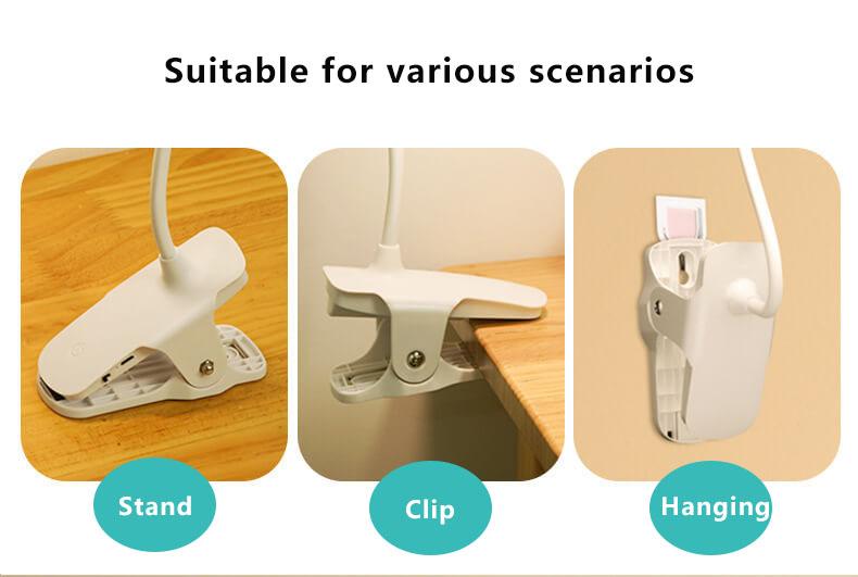 Rechargeable LED Clip Desk Lamp Eye Protection Night Light, Adjustable Brightness, Portable Reading Lamp, USB Rechargeable, Flexible Gooseneck, Dimmable Night Light for Study, Bedroom, Office, Bedside, Travel