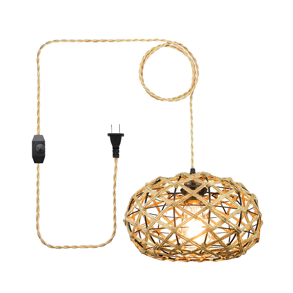 Round Hand Woven Cage Rope Ceiling Light Chandelier - Beige Retro Minimalist Decor