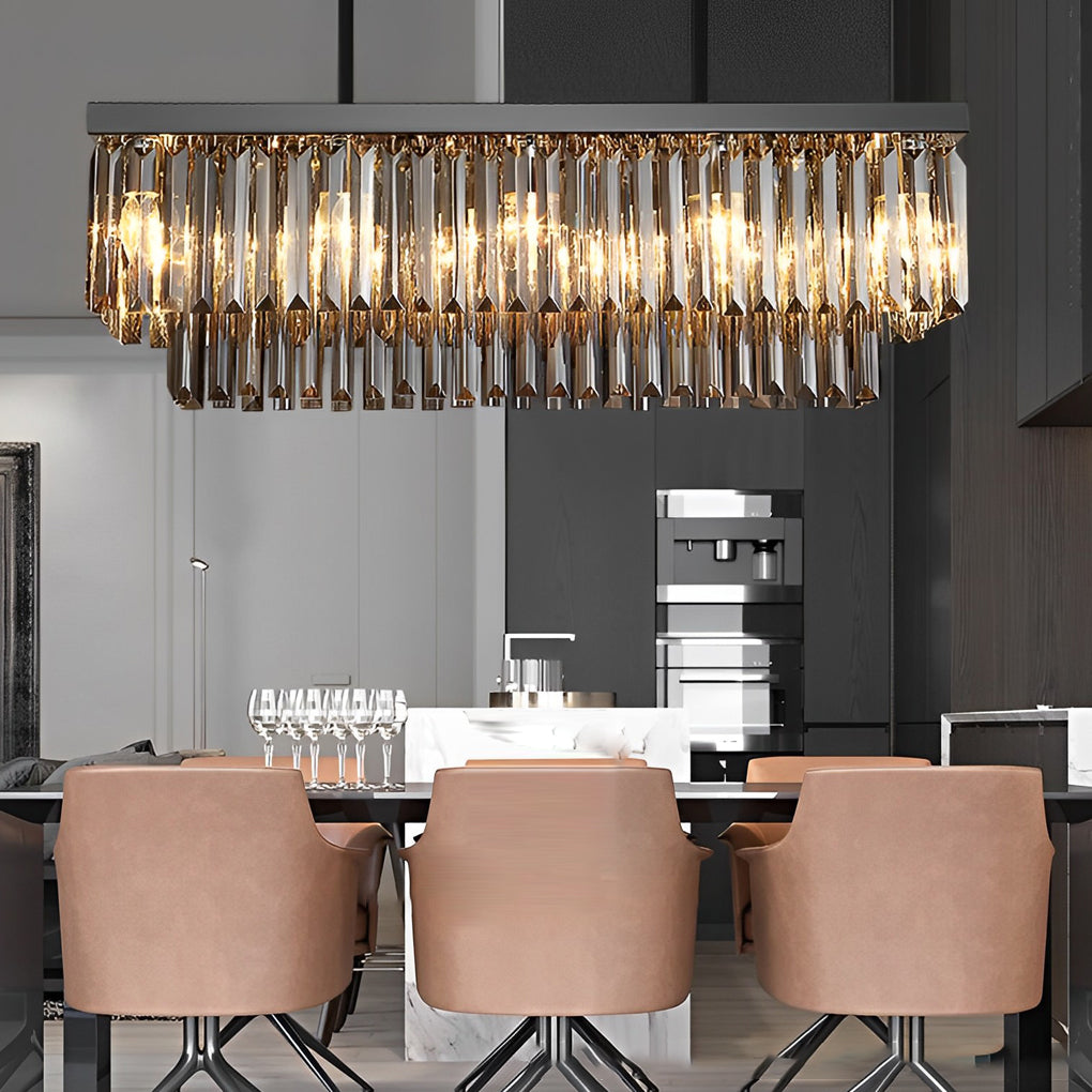 Rectangular Crystal LED Chandelier - 3 Step Dimming, Smoke Gray Modern Lighting
