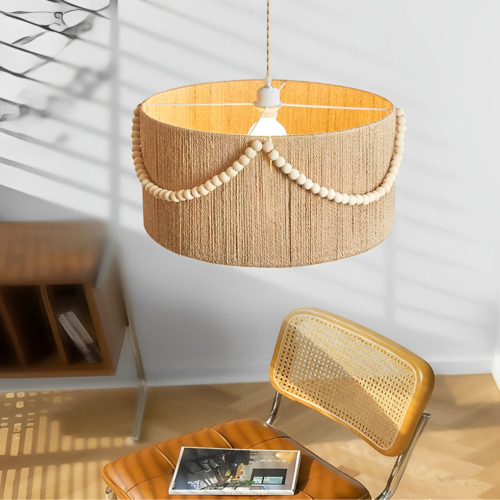 Boho Chandelier Pendant Lamp with Twine Rope, Wood Beads, and Tassels