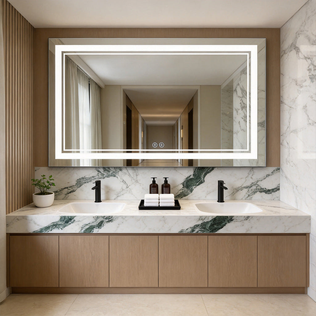 Bathroom Vanity Mirror with Lights Smart LED Anti-Fog Light, Illuminated Mirror with Touch Sensor, Adjustable Brightness, Demisting Feature, Contemporary Design, Makeup Mirror for Dressing Room, Wall-Mounted Mirror, Modern Bathroom Accessories, Energy-Eff
