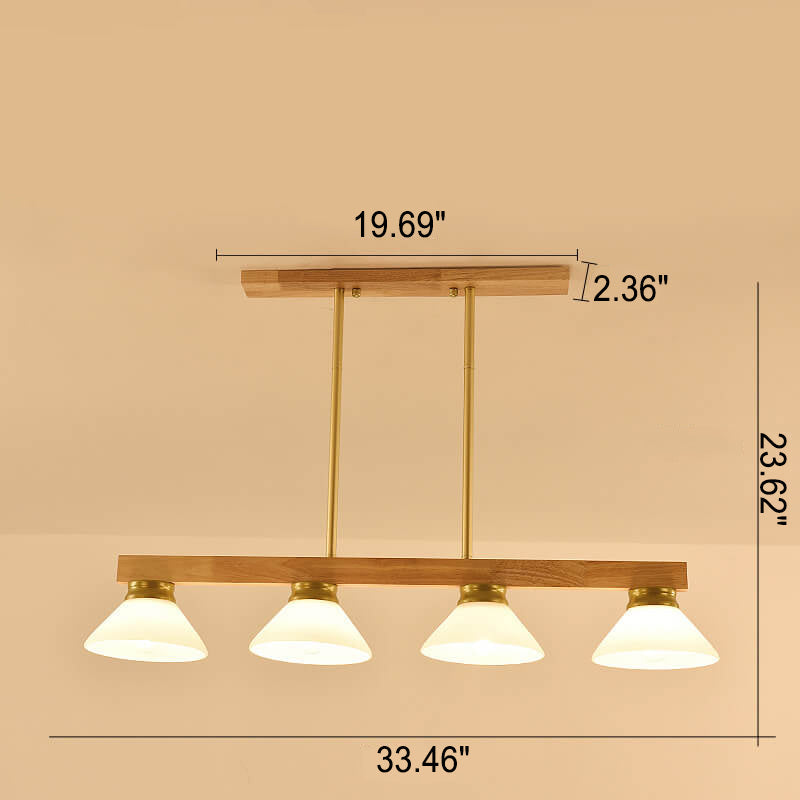 Nordic Solid Wood Cone Glass Shade 3/4 Light Island Chandelier