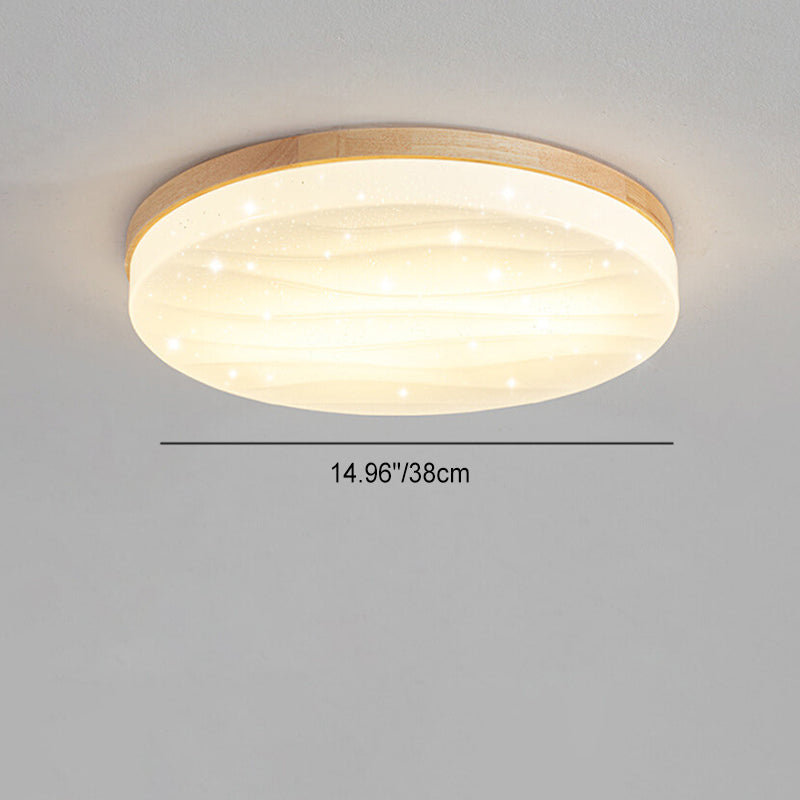 Modern Minimalist Wood Round Shade LED Flush Mount Ceiling Light for Living Room