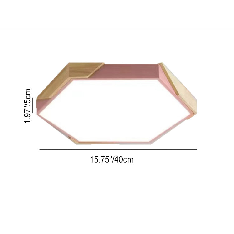 Contemporary Scandinavian Hexagonal Iron Wood Macaron LED Flush Mount Ceiling Light for Bedroom