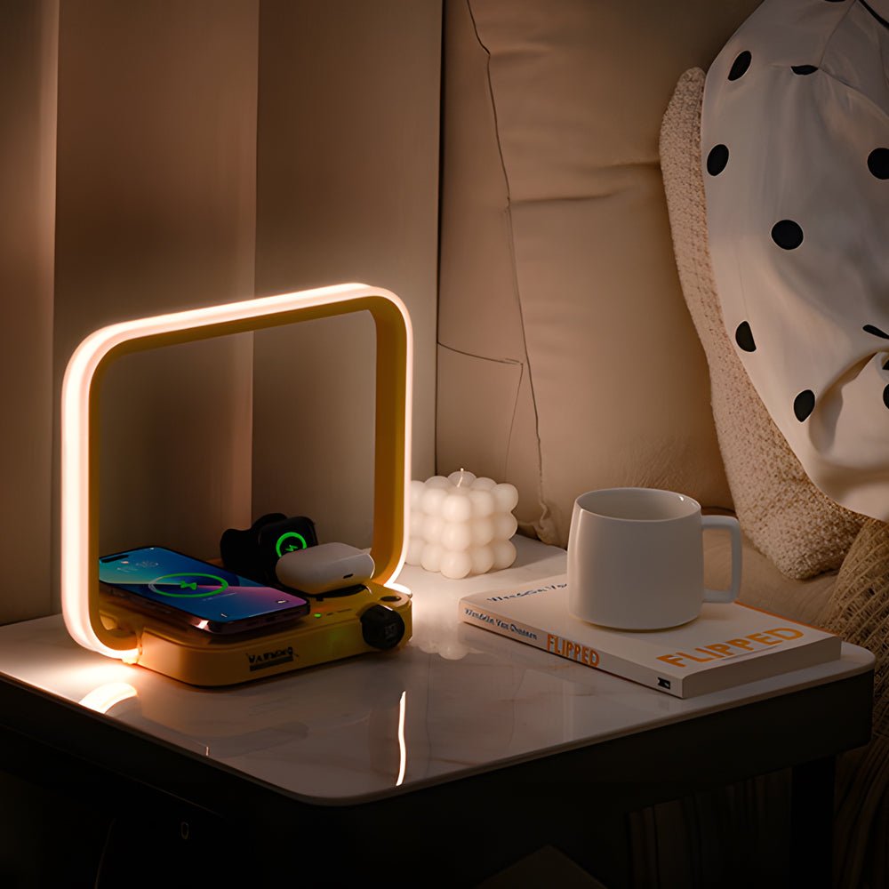 3-in-1 Touch Bedside LED Table Lamp with Wireless Charger & Timer  

Illuminate your space with this versatile 3-in-1 bedside lamp featuring LED lighting, wireless charging, and a convenient timer function. Perfect for bedrooms and nightstands, this moder