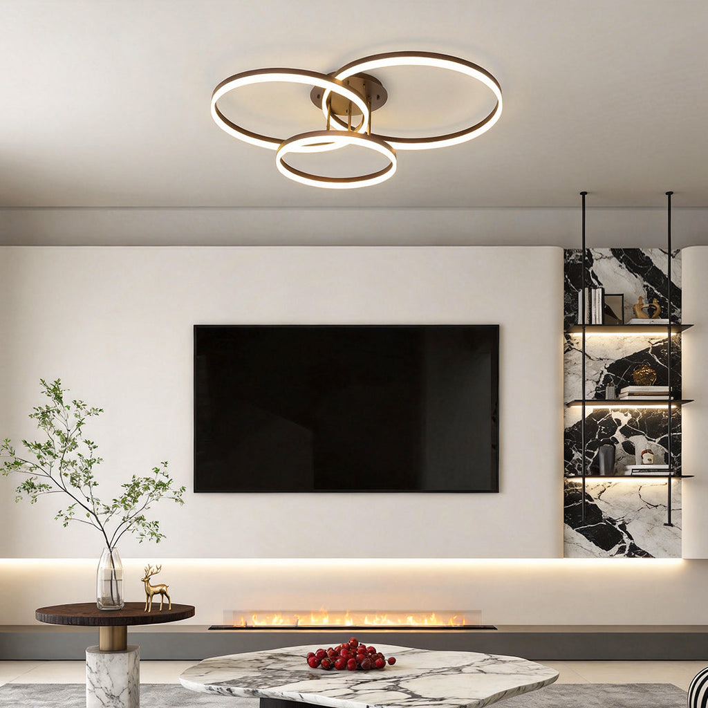 Modern 3-Ring Flush Mount Metal Light Fixture - Large Decorated Ceiling Lamp