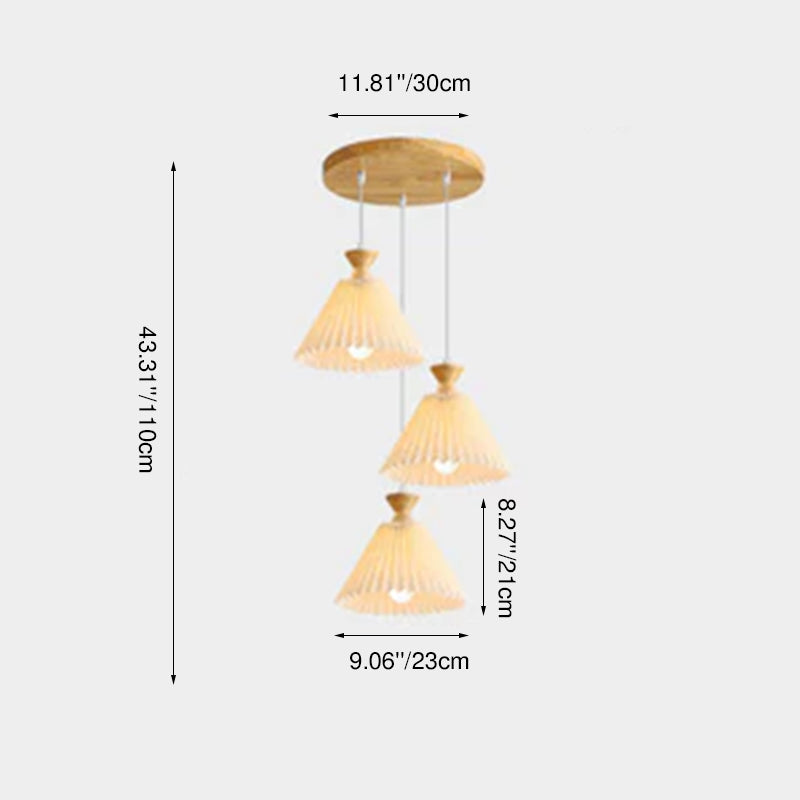 Traditional Japanese Rubberwood Pleated Cone Island Chandelier for Living Room