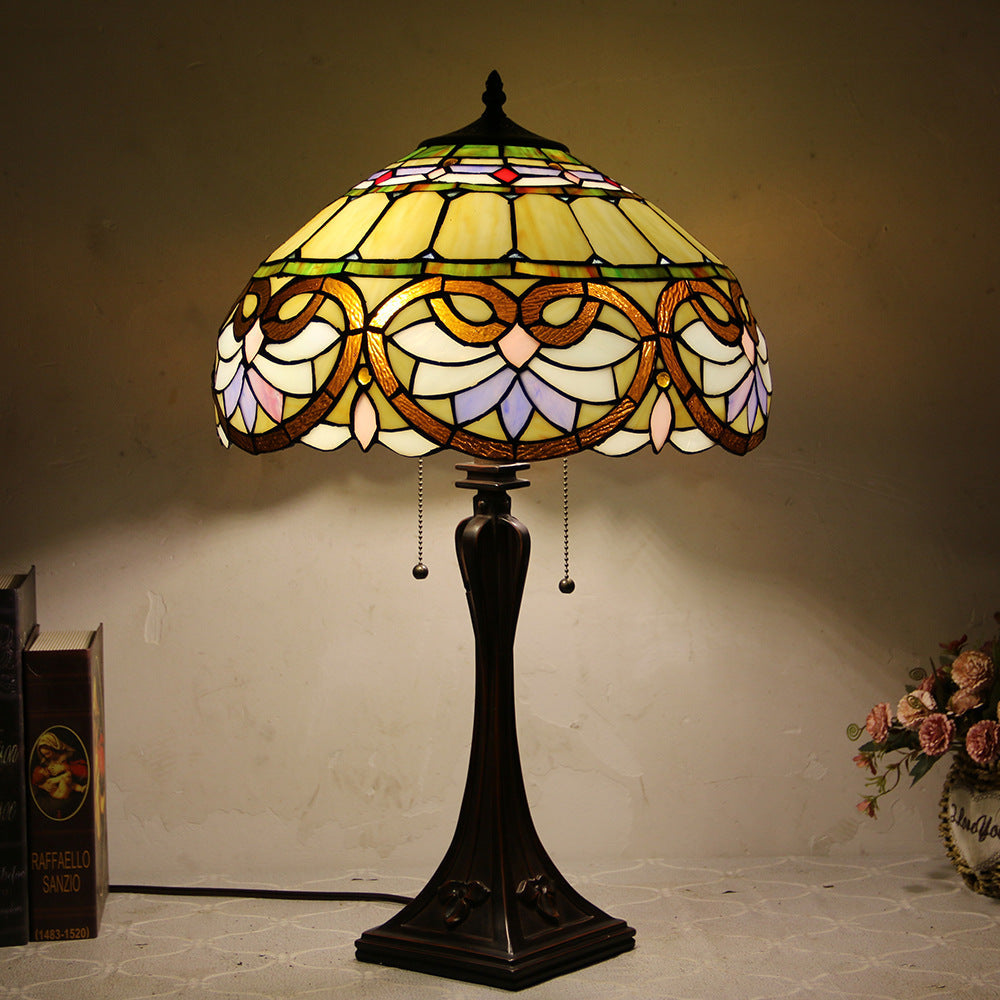 Tiffany Style Stained Glass 2-Light Cone Pull Cord Table Lamp for Bedroom