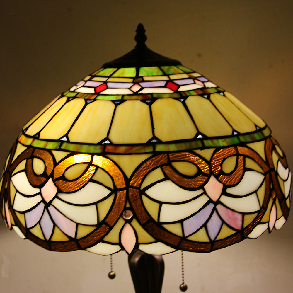 Tiffany Style Stained Glass 2-Light Cone Pull Cord Table Lamp for Bedroom