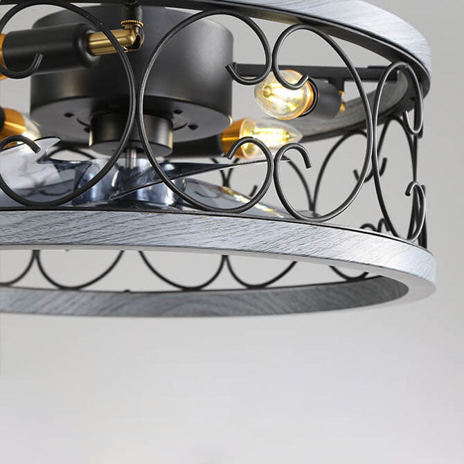 Industrial Minimalist Copper Iron Semi-Flush Mount Ceiling Fan Light - 4-Light Round Square Design