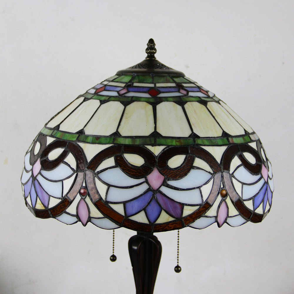 Tiffany Style Stained Glass 2-Light Cone Pull Cord Table Lamp for Bedroom