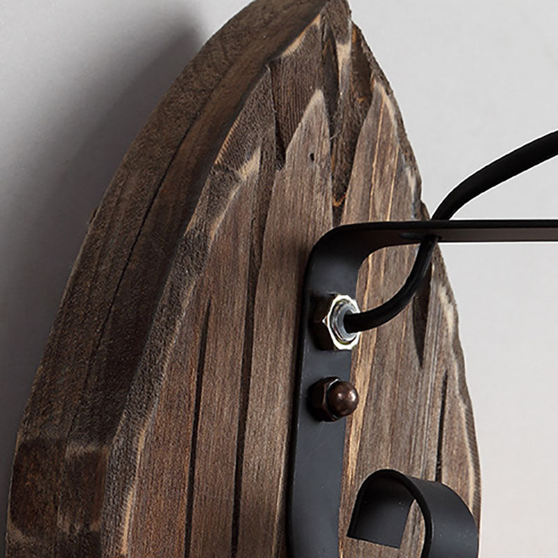 Traditional Farmhouse Wood Disc Wall Sconce - 1-Light Iron Shade Lamp for Dining Room