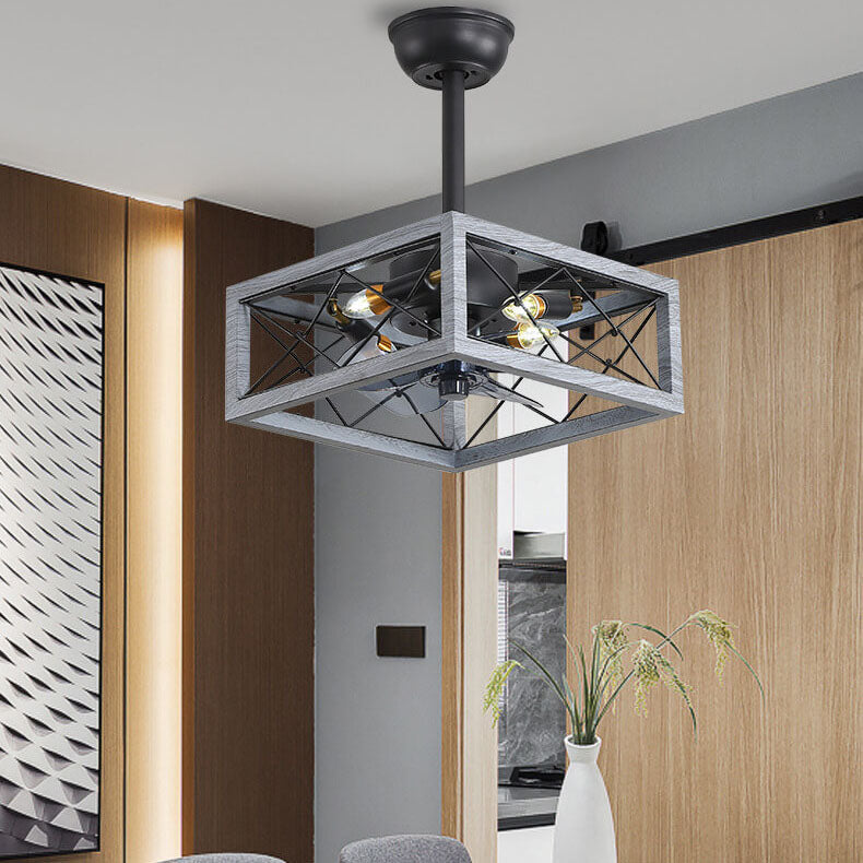 Industrial Minimalist Copper Iron Semi-Flush Mount Ceiling Fan Light - 4-Light Round Square Design