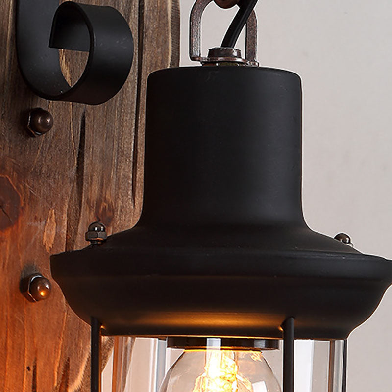 Traditional Farmhouse Wood Disc Wall Sconce - 1-Light Iron Shade Lamp for Dining Room