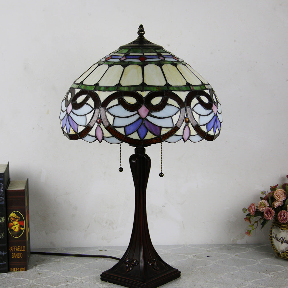 Tiffany Style Stained Glass 2-Light Cone Pull Cord Table Lamp for Bedroom