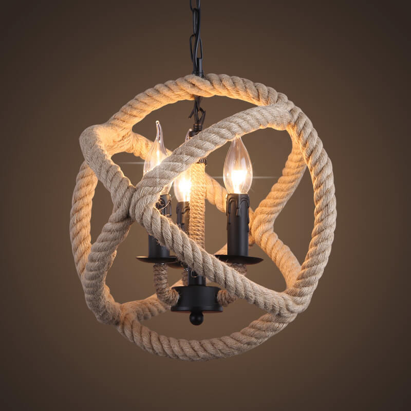 Industrial Hemp Rope Ball 3-Light Candle Chandelier - Rustic Home Decor, Vintage Lighting, Eco-Friendly Design, Boho Style Illumination