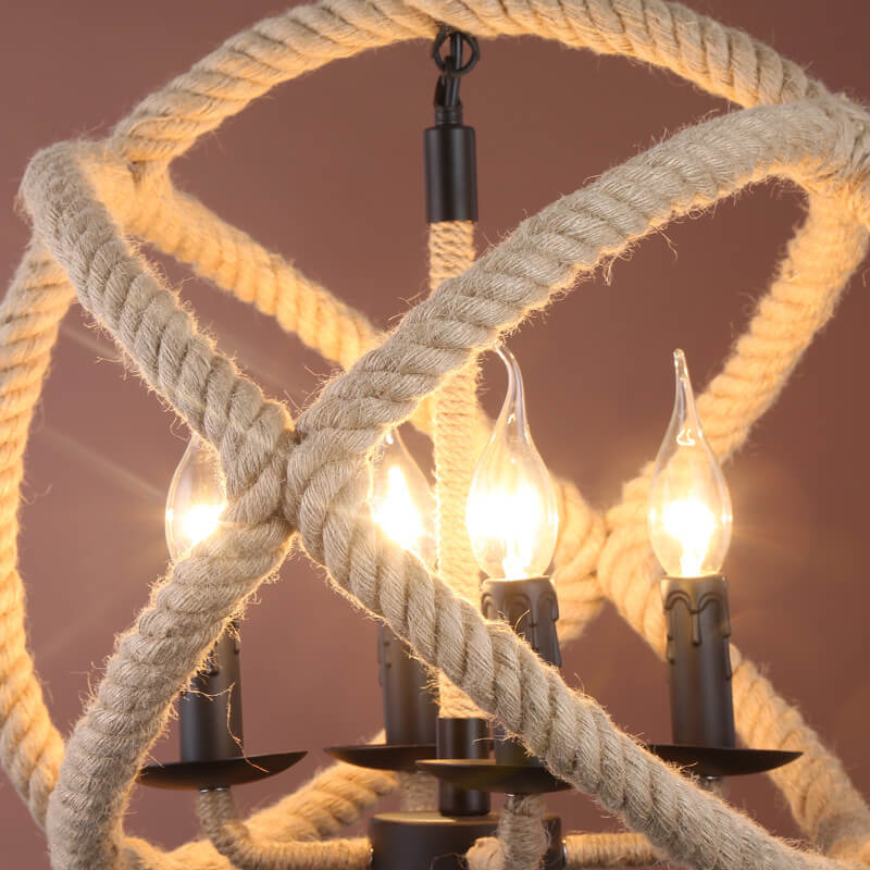 Industrial Hemp Rope Ball 3-Light Candle Chandelier - Rustic Home Decor, Vintage Lighting, Eco-Friendly Design, Boho Style Illumination