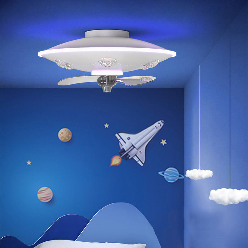 Modern Cartoon UFO Ceiling Fan Light - Round Iron Acrylic LED Flush Mount for Kids