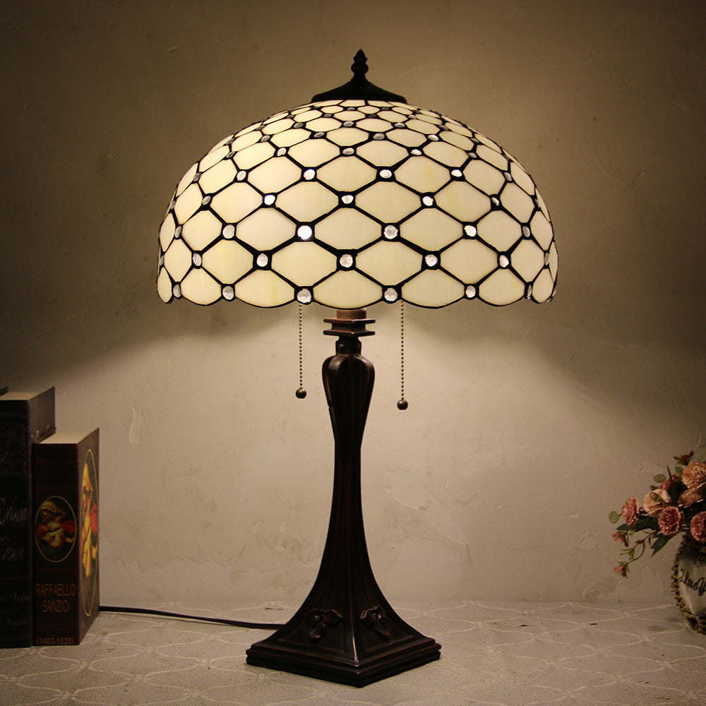 Tiffany Style Stained Glass 2-Light Cone Pull Cord Table Lamp for Bedroom