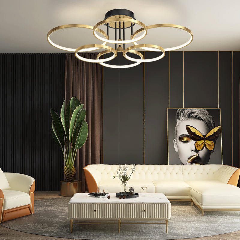 3/5/6 Rings Dimmable Gold Modern Ceiling Light with Leather Accent