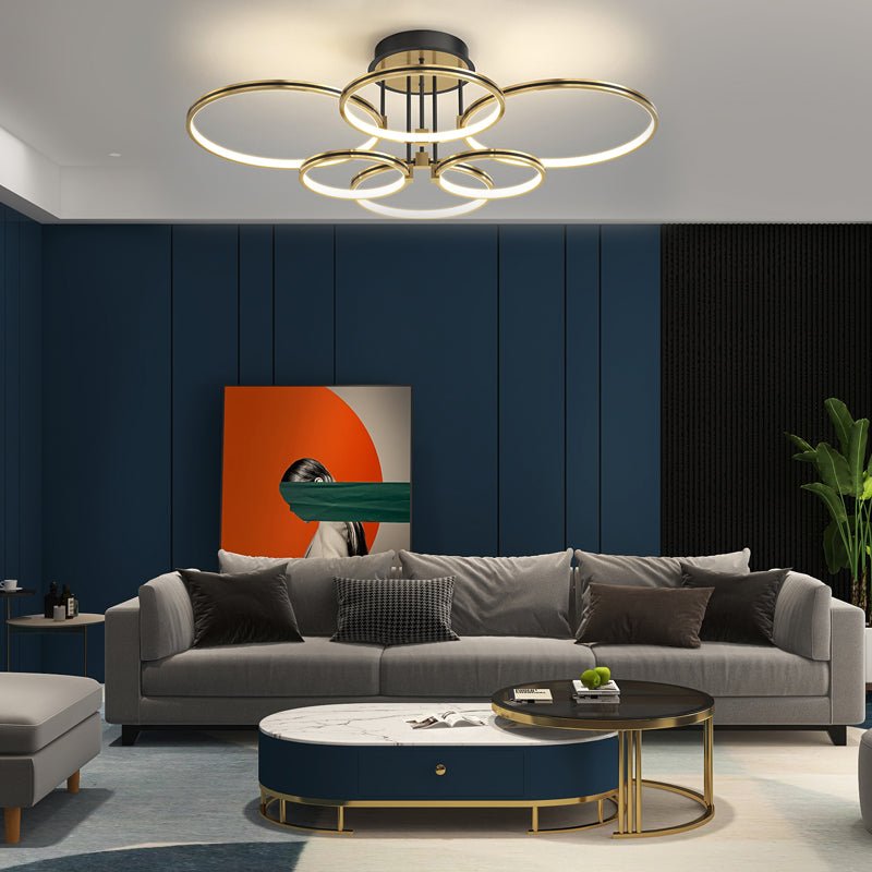 3/5/6 Rings Dimmable Gold Modern Ceiling Light with Leather Accent