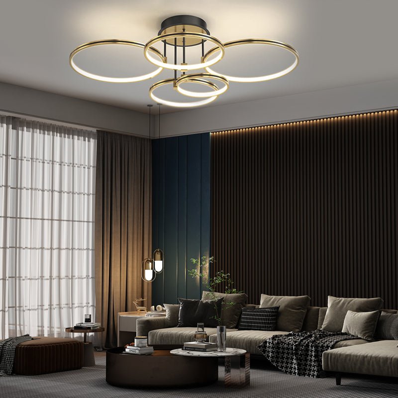 3/5/6 Rings Dimmable Gold Modern Ceiling Light with Leather Accent