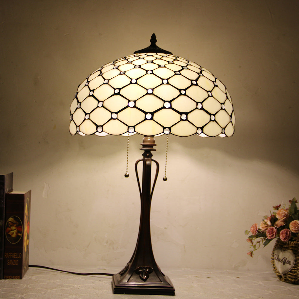 Tiffany Style Stained Glass 2-Light Cone Pull Cord Table Lamp for Bedroom