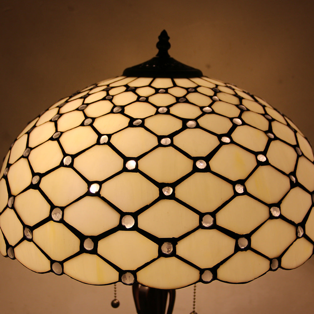 Tiffany Style Stained Glass 2-Light Cone Pull Cord Table Lamp for Bedroom