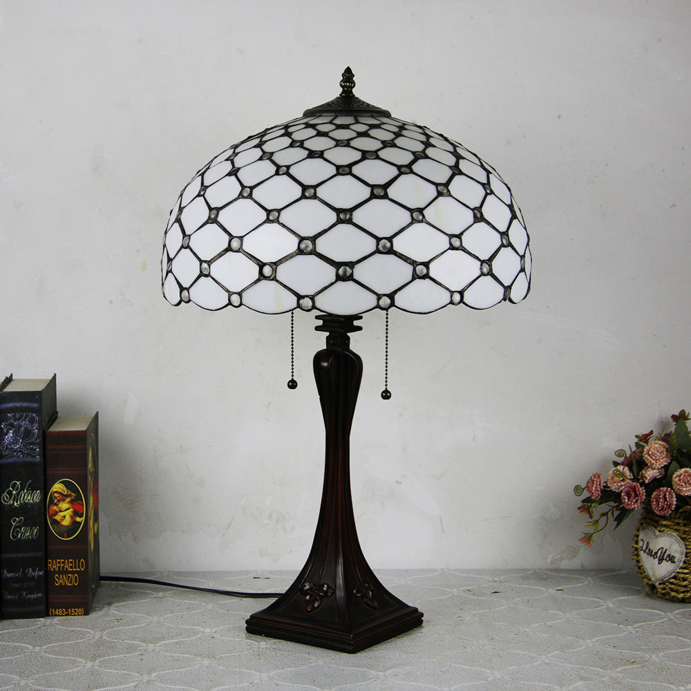 Tiffany Style Stained Glass 2-Light Cone Pull Cord Table Lamp for Bedroom