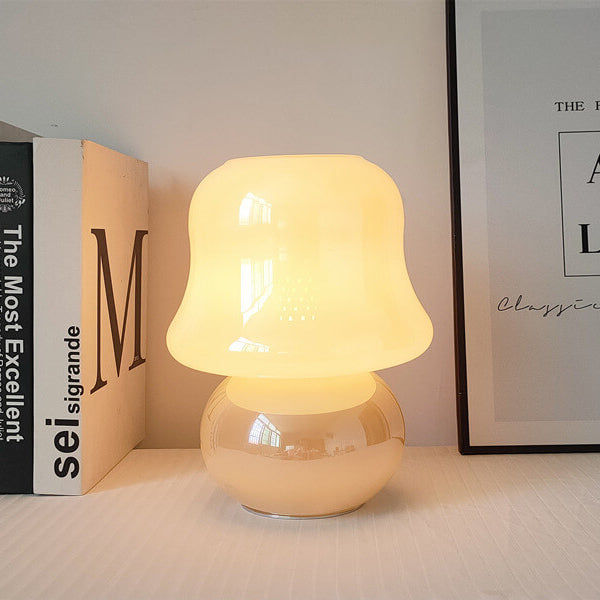 French Cream Handmade Glass Mushroom 1-Light Table Lamp, Unique Artisan Table Lamp, Vintage-Inspired Home Lighting, Decorative Glass Lamp, Soft Glow Interior Illumination, Modern Table Lamp for Living Room and Bedroom, Stylish Mushroom Design Lighting, Ar