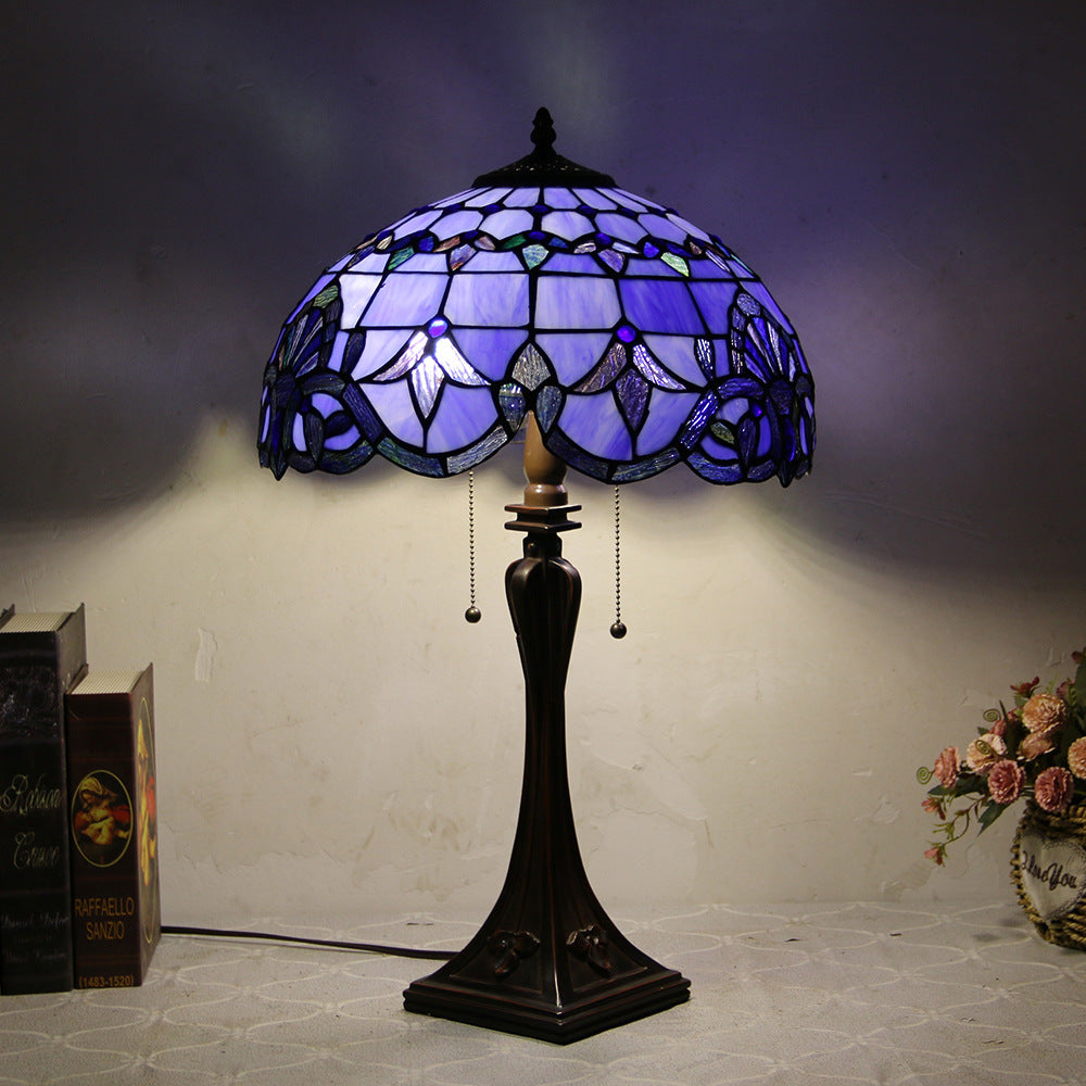 Tiffany Style Stained Glass 2-Light Cone Pull Cord Table Lamp for Bedroom