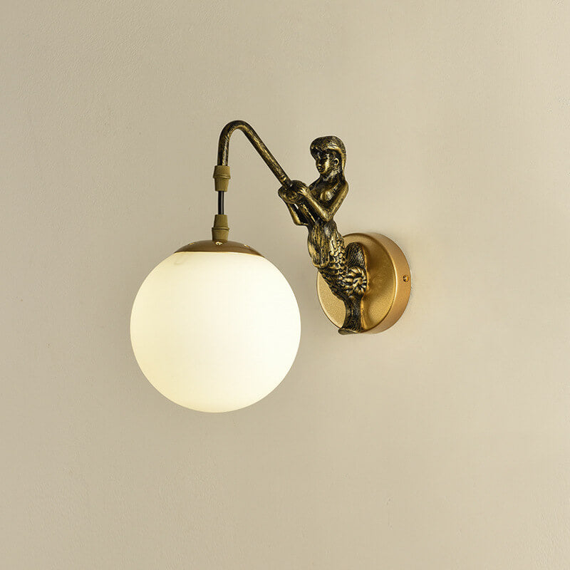 Vintage Rustic Mermaid Orb Wall Sconce Lamp - Coastal Decor Lighting, Nautical Home Accent, Unique Bathroom Lighting, Retro Mermaid Design, Outdoor & Indoor.