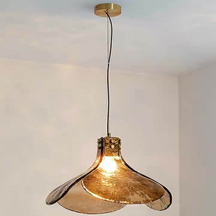 Vintage Amber Glass Floral Brass Pendant Light - 1-Light Fixture