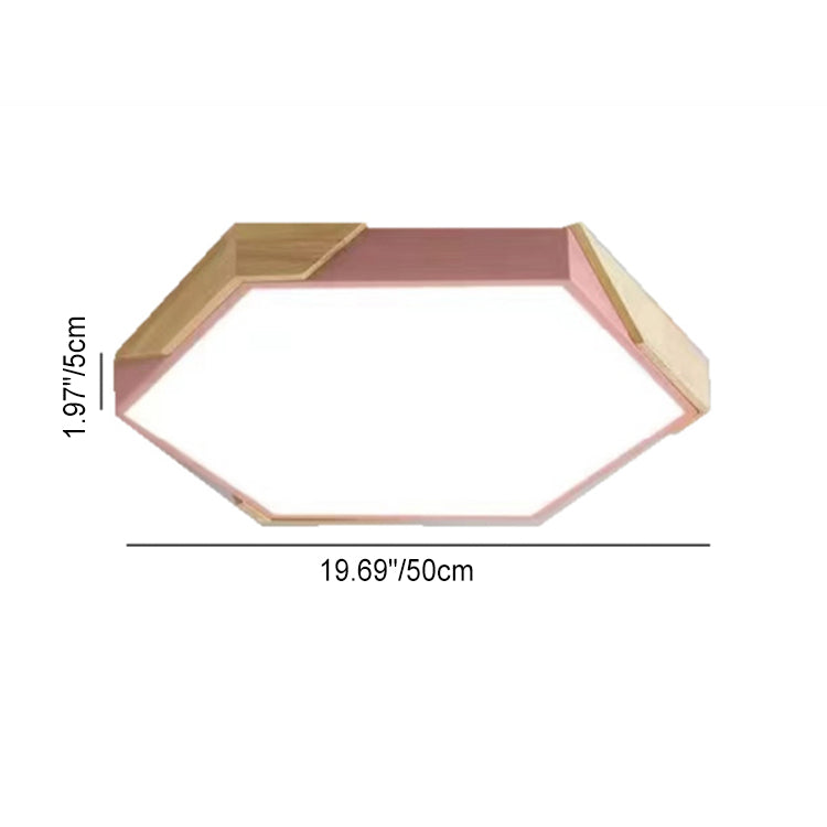 Contemporary Scandinavian Hexagonal Iron Wood Macaron LED Flush Mount Ceiling Light for Bedroom