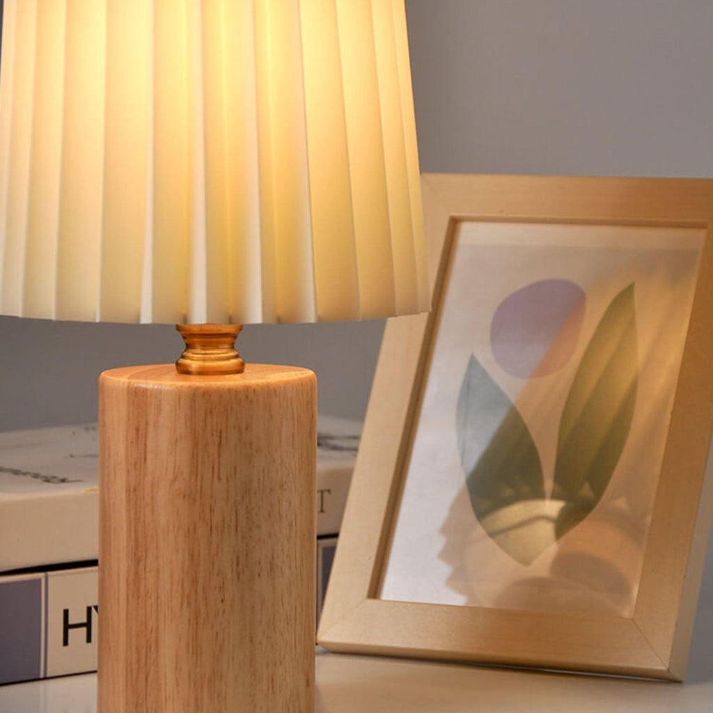 Vintage Korean Pleated Column Wooden Base Table Lamp - 1-Light Design