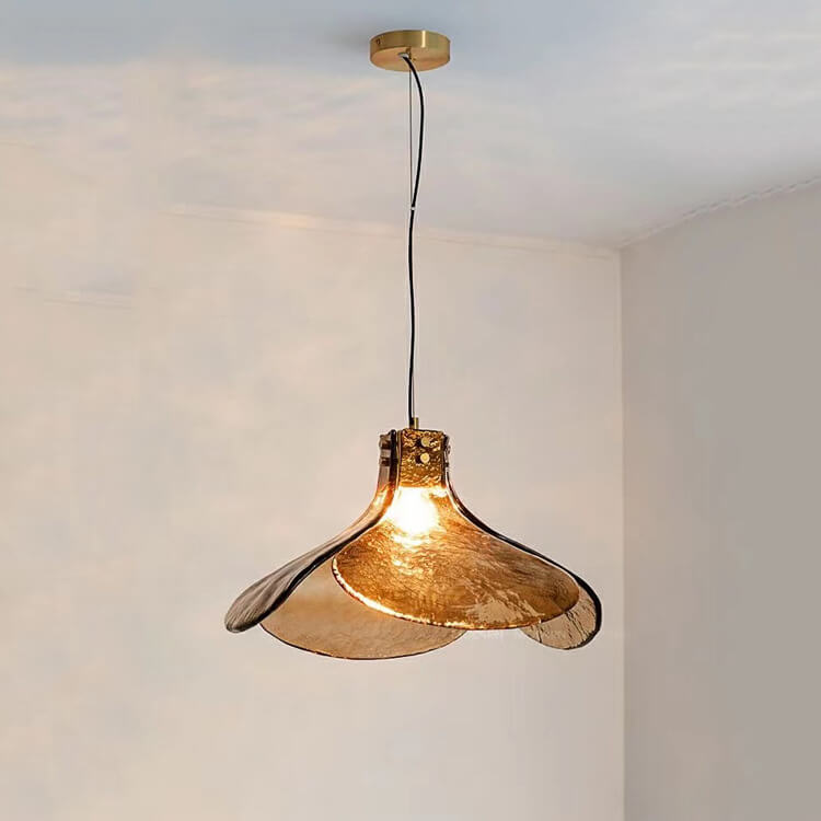 Vintage Amber Glass Floral Brass Pendant Light - 1-Light Fixture