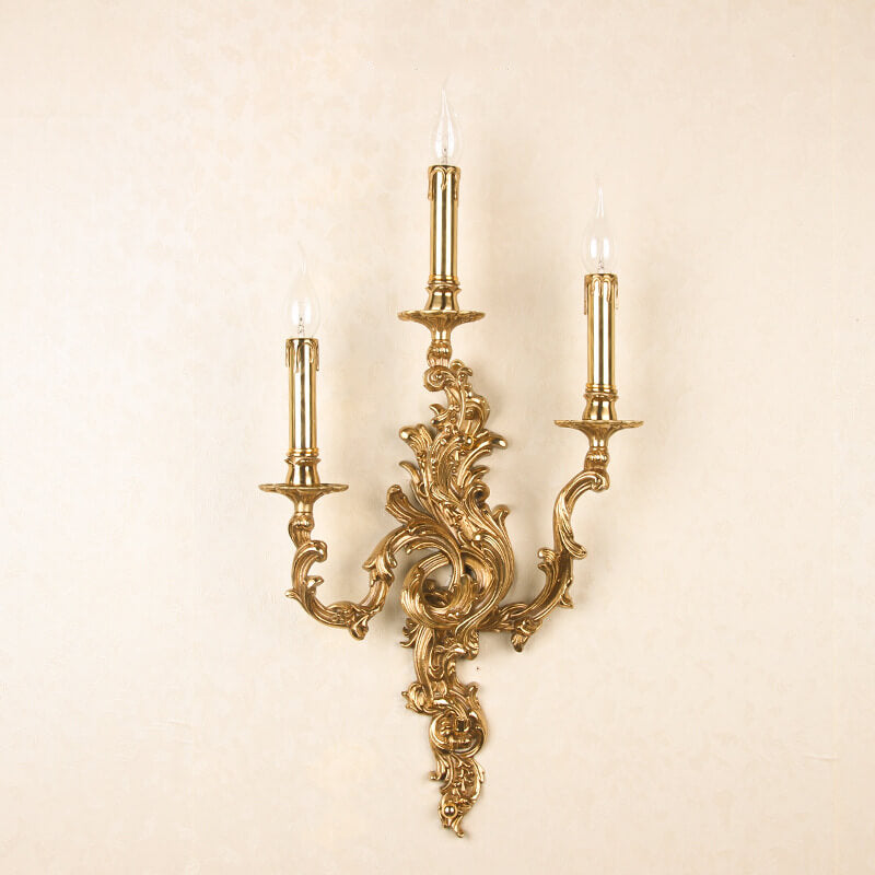 French Vintage Brass Candle Wall Sconce Lamp - 2/3 Light Decorative Fixture