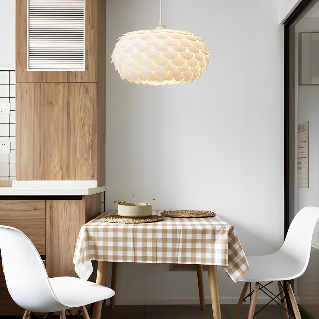 Round Fish Scales LED Pendant Light - Three Step Dimming, Modern White Design
