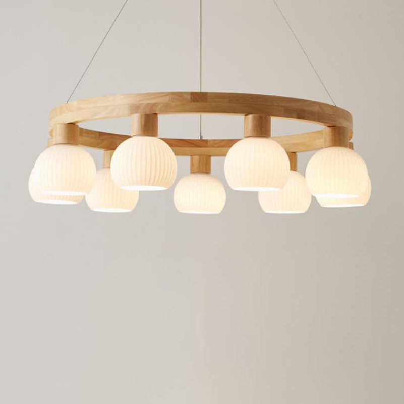 Modern Japanese Log Ring Textured Glass Globe Chandelier - 3/6/9 Light Pendant Fixture for Dining Room, Living Room, and Entryway Lighting