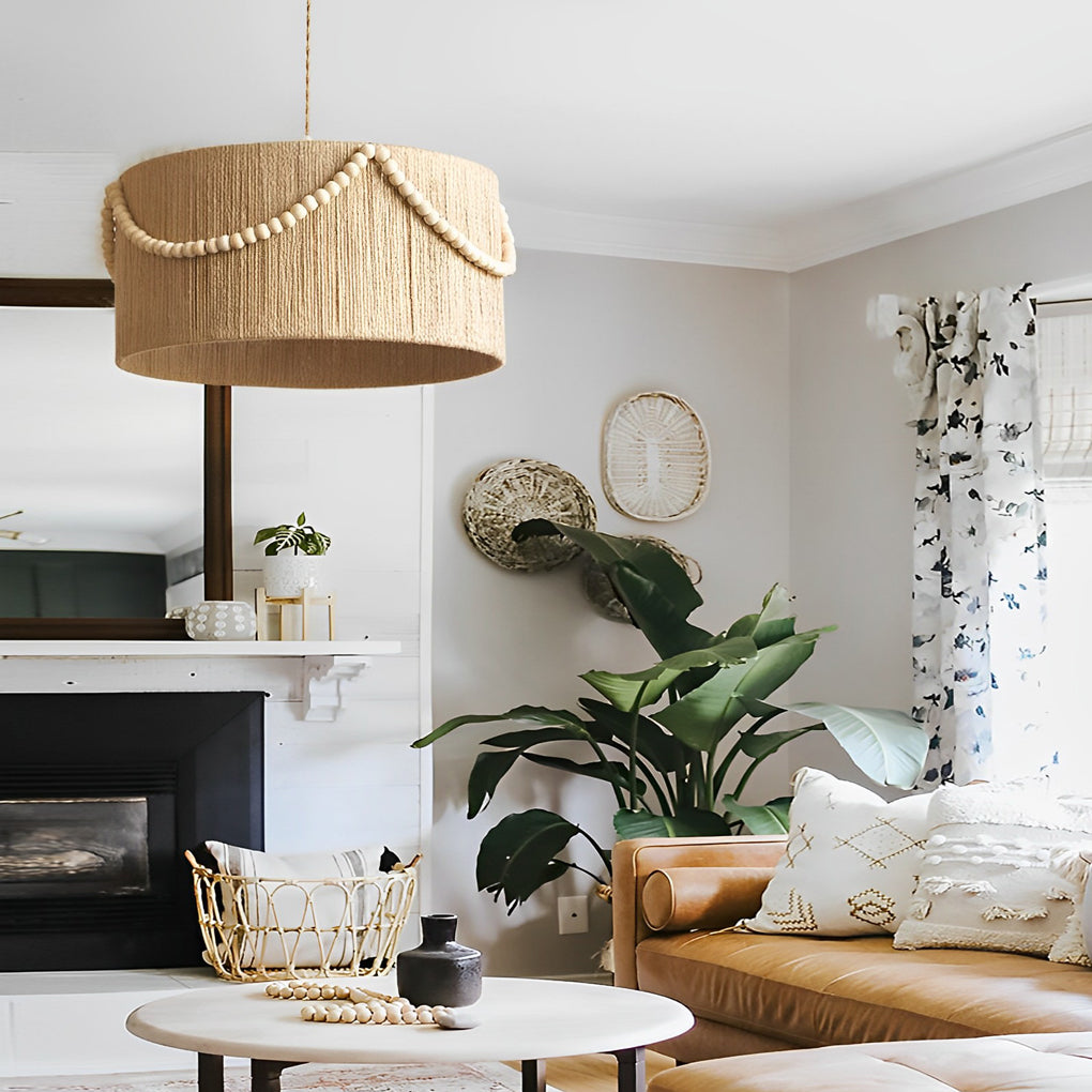 Boho Chandelier Pendant Lamp with Twine Rope, Wood Beads, and Tassels