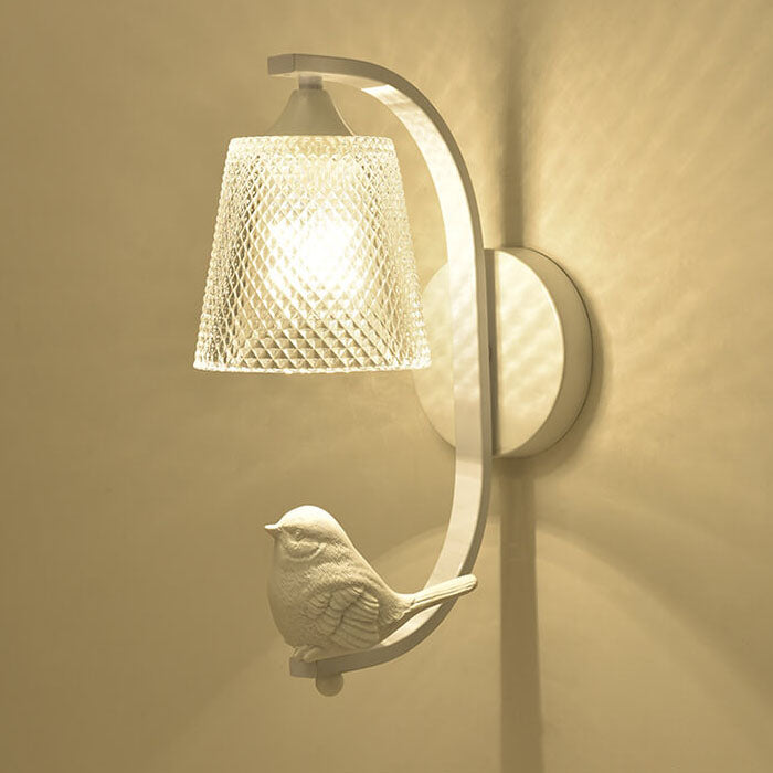 Modern Glass Shade Wall Sconce Lamp with Resin Bird Accent - 1-Light Fixture