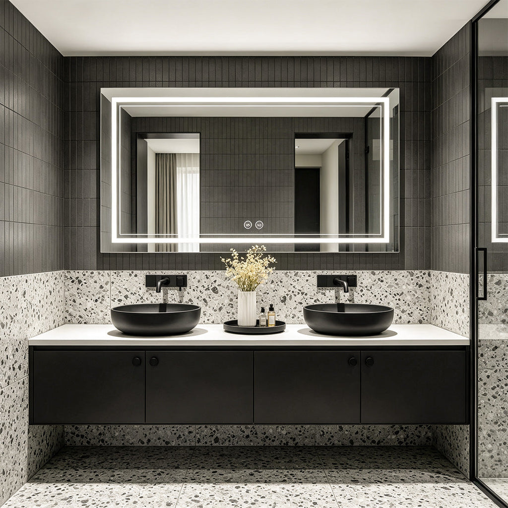 Bathroom Vanity Mirror with Lights Smart LED Anti-Fog Light, Illuminated Mirror with Touch Sensor, Adjustable Brightness, Demisting Feature, Contemporary Design, Makeup Mirror for Dressing Room, Wall-Mounted Mirror, Modern Bathroom Accessories, Energy-Eff