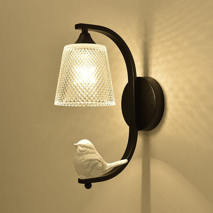 Modern Glass Shade Wall Sconce Lamp with Resin Bird Accent - 1-Light Fixture