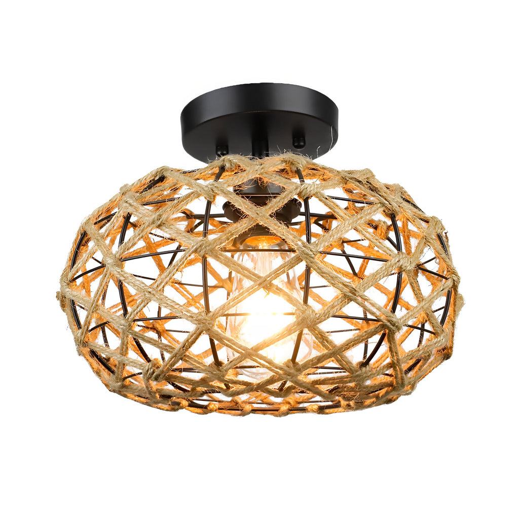Round Hand Woven Cage Rope Ceiling Light Chandelier - Beige Retro Minimalist Decor