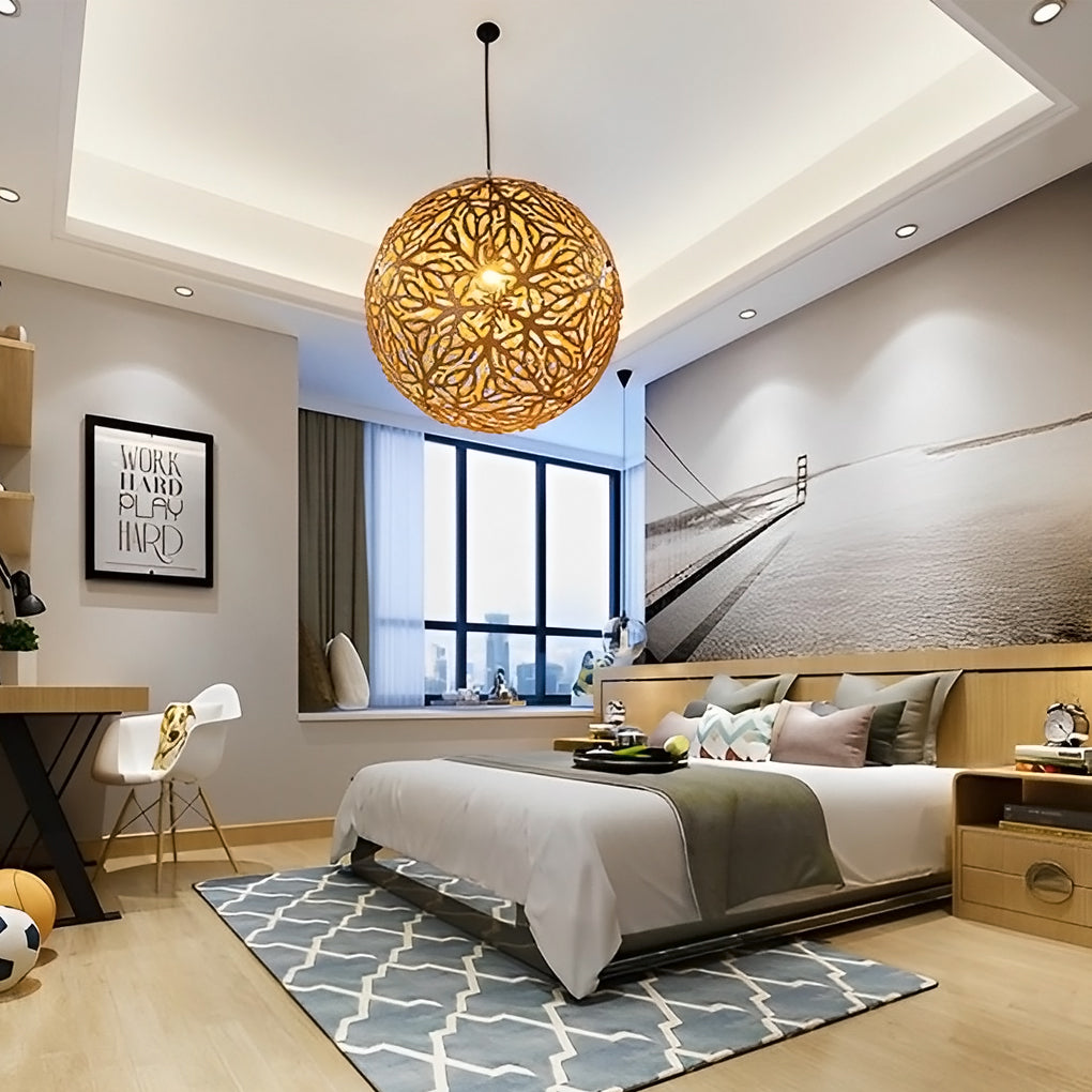 Handmade Basswood Hollowed Ball Chandelier - Modern LED Shade Lighting
