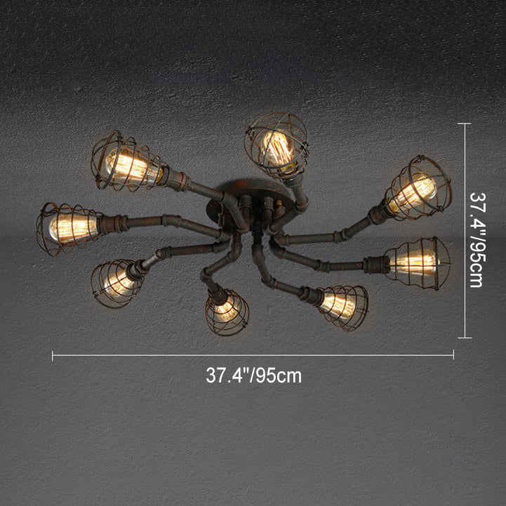 Industrial Vintage Water Pipe Flush Mount Light - 4/6/8 Light Round Iron Ceiling Fixture