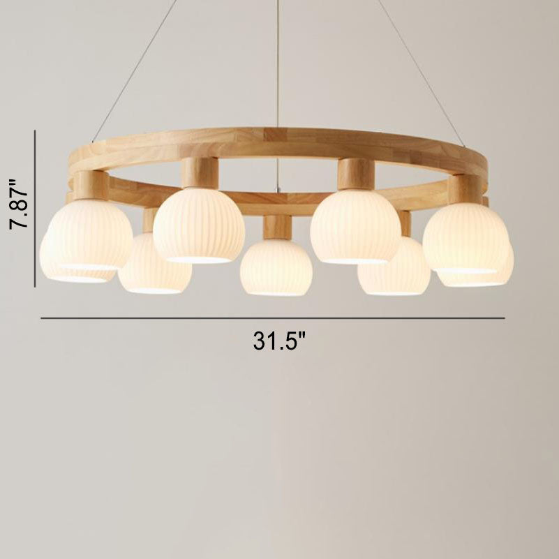 Modern Japanese Log Ring Textured Glass Globe Chandelier - 3/6/9 Light Pendant Fixture for Dining Room, Living Room, and Entryway Lighting