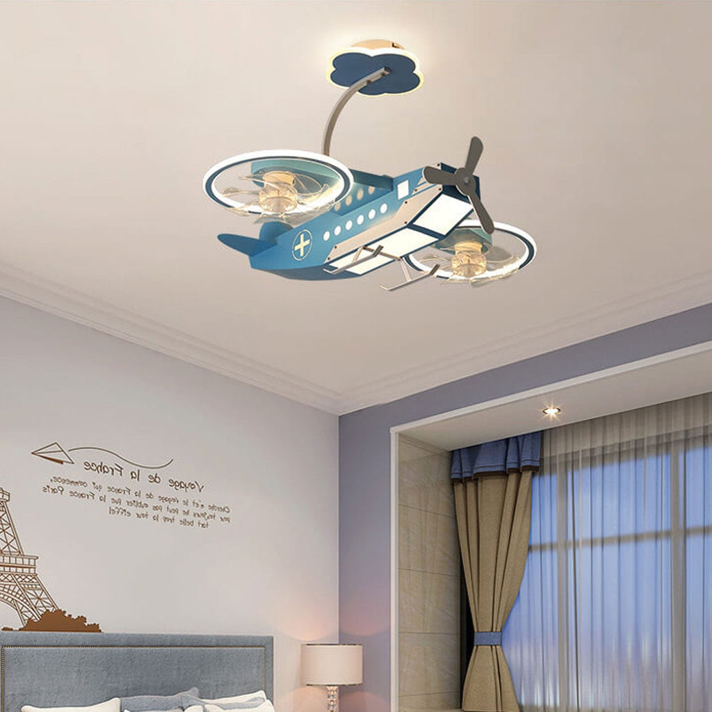 Creative Cartoon Aircraft Ceiling Fan Light for Kids Room, Fun Flush Mount Design, Airplane-Themed Illumination, Ideal for Nursery & Playroom Decor
